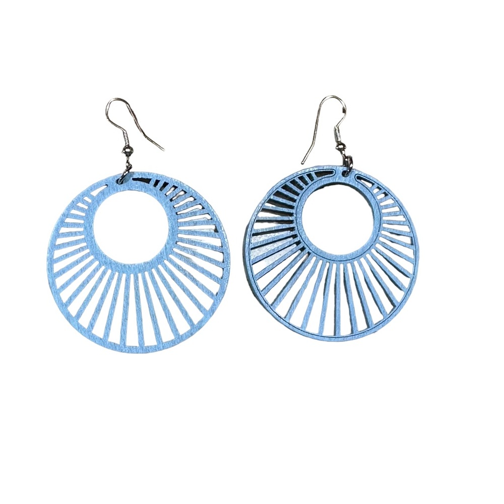 Boho Cut Wood Round Design Sky Blue Drop Earrings